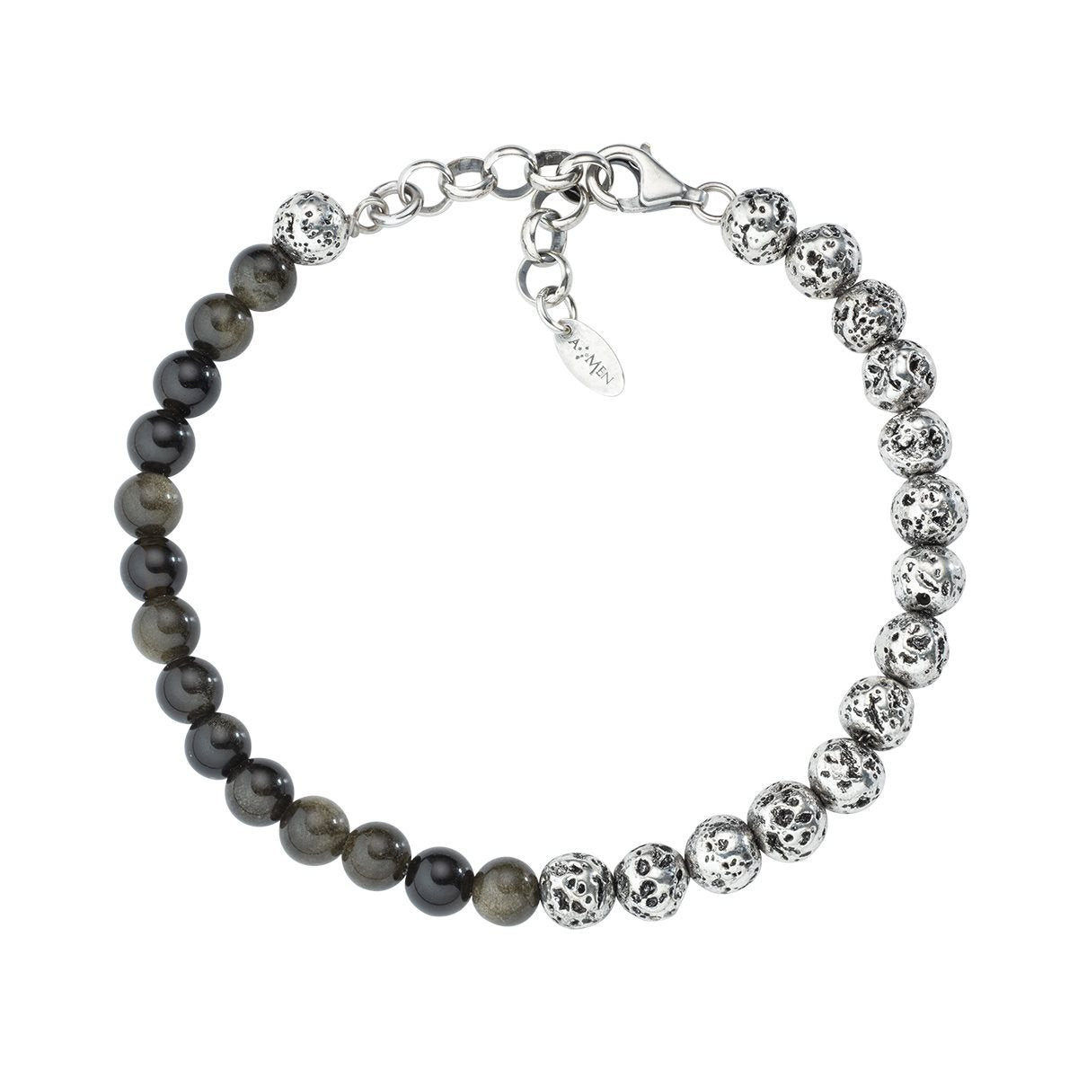 Amen Bracciale Uomo Pietra Lavica e Occhio di Tigre | Argento 925 | Regolabile