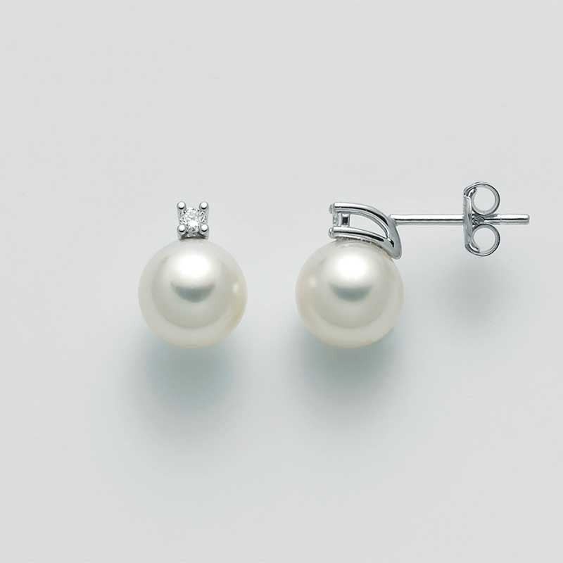 Nimei Orecchini Donna Perle Akoya 7-7,5 mm | Oro Bianco 18Kt | Diamanti 0,05 ct
