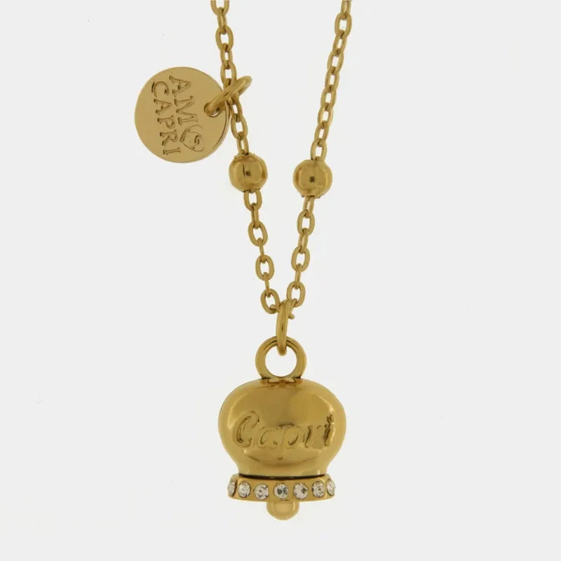 BySimon | Collana | Campanella Dorata con Cristalli | Acciaio Rosé | Lung.45+5cm