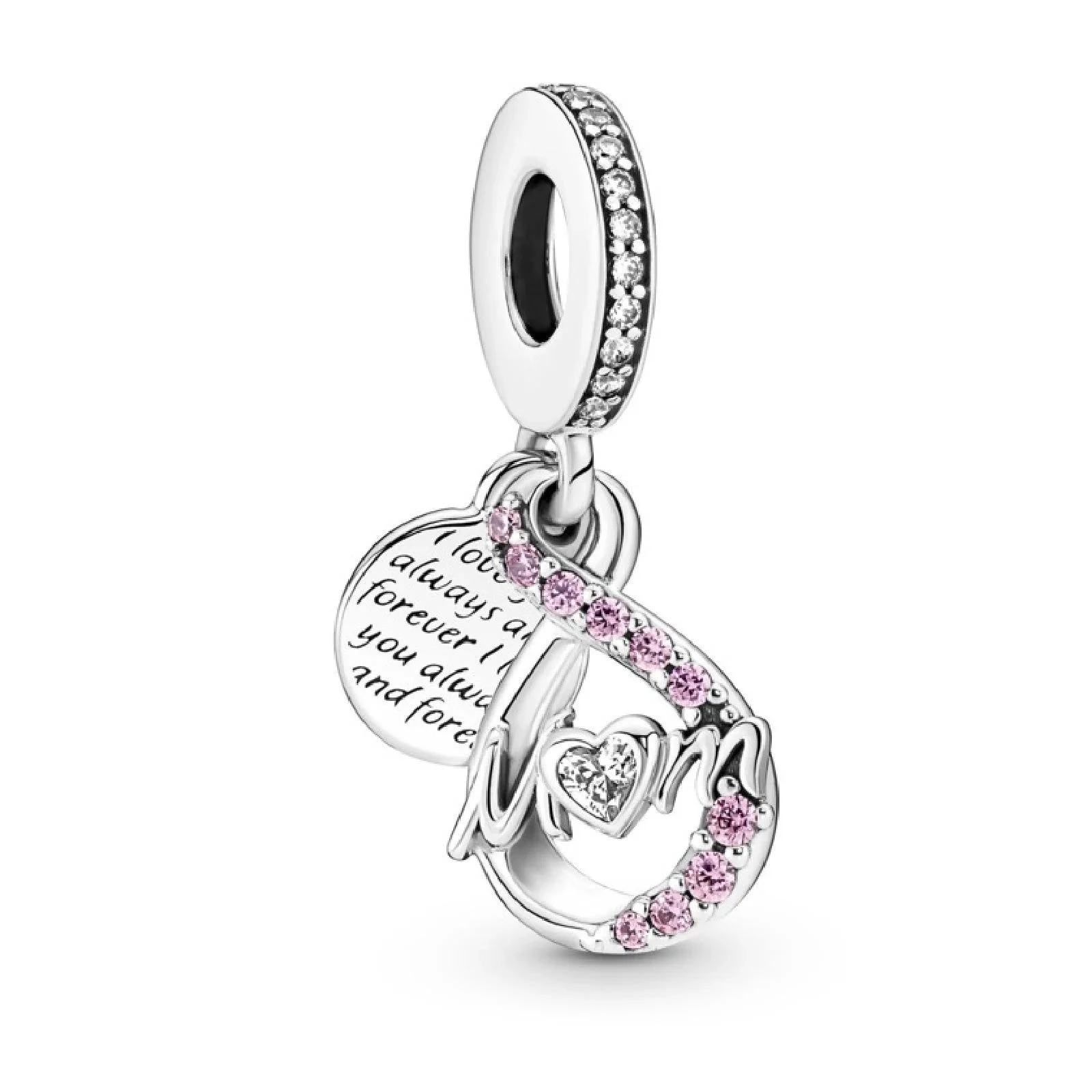 Pandora | Charm pendente | Mamma per sempre inciso | Argento 925 | Dettagli rosa
