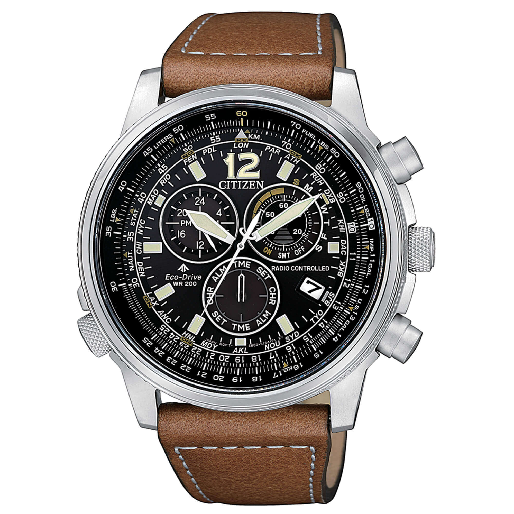 Citizen Orologio Uomo Crono Pilot Radiocontrollato | Acciaio | Pelle Marrone