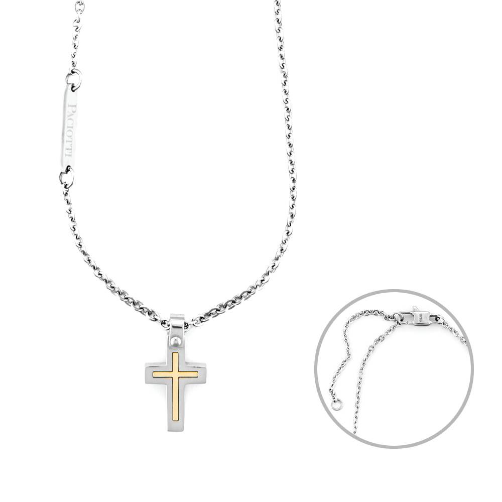 Paciotti Collana Uomo Croce Latina Oro 18KT | Acciaio | Catena Rolò 50-55 cm