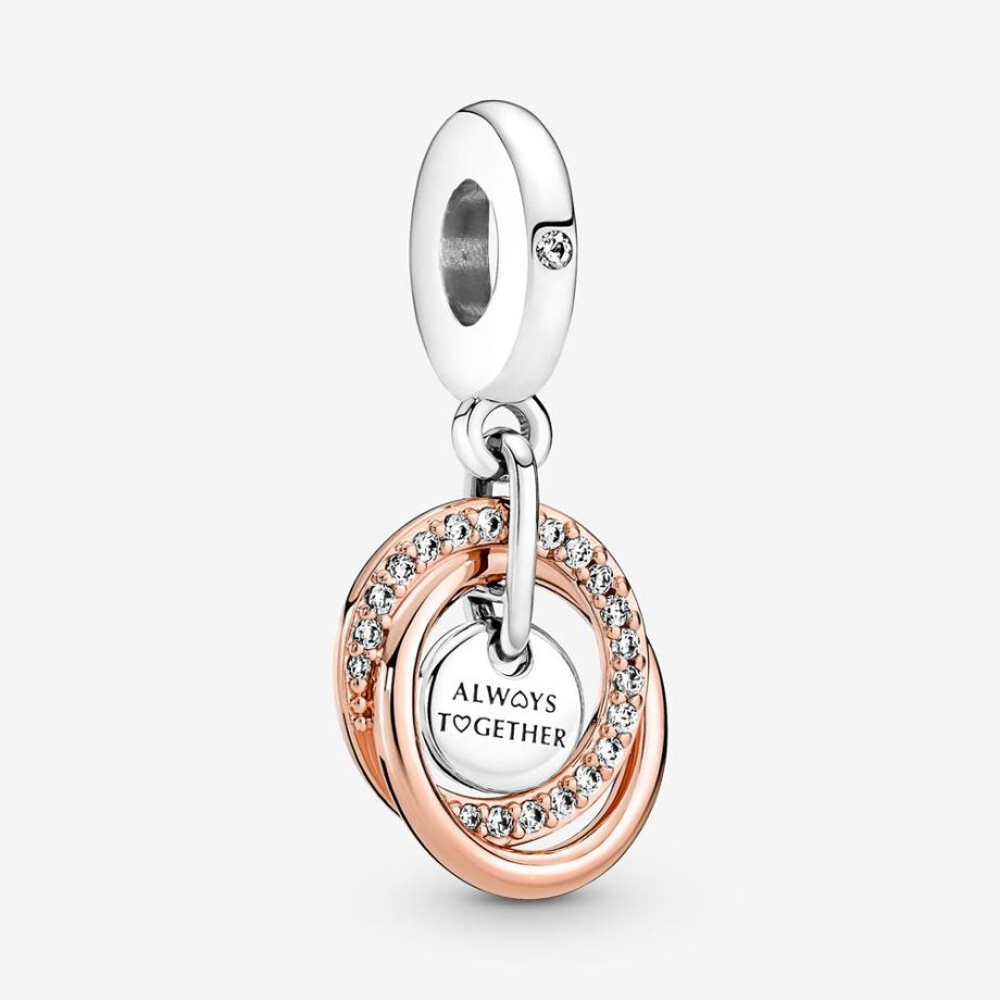 Pandora | Charm pendente | Cerchi intrecciati | Argento 925 oro rosa | Zirconi