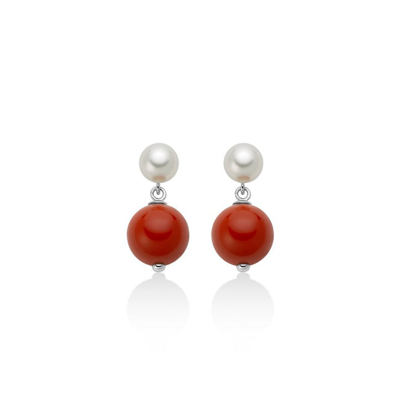 Miluna | Orecchini Donna | Perle vere e corallo rosso | Argento 925 | 1,7 cm