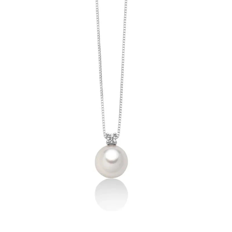Nimei Collana Donna Pendente Perla Akoya 6,5-7 | Oro Bianco 18Kt | Diamante 0,02