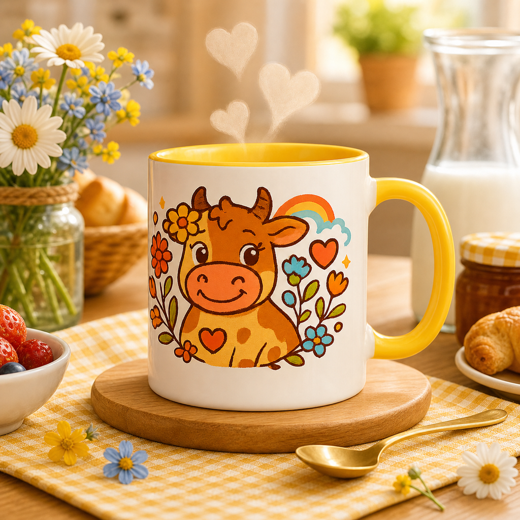 Cute Cow Rainbow Mug with Flowers