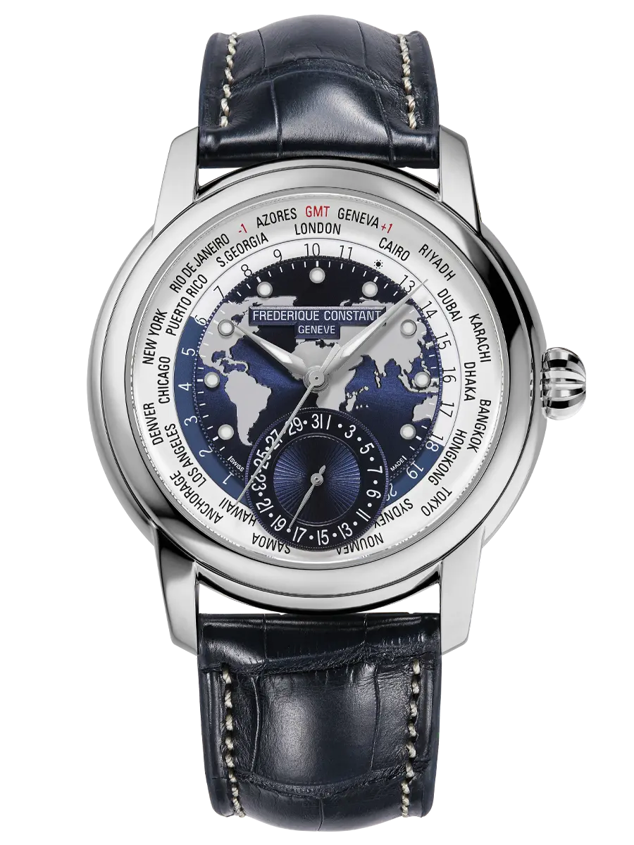 Frederique Constant Orologio Uomo Worldtimer | Acciaio | Pelle Alligatore Blu