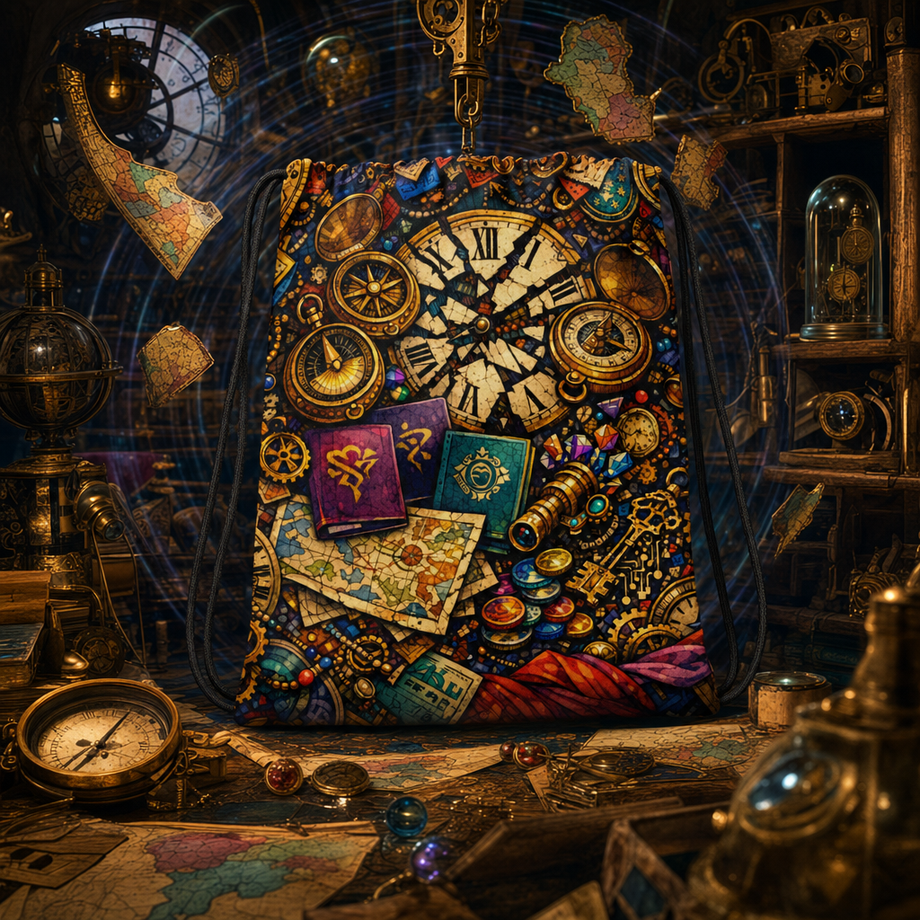 Sacca con illustrazione surrealista del viaggiatore nel tempo