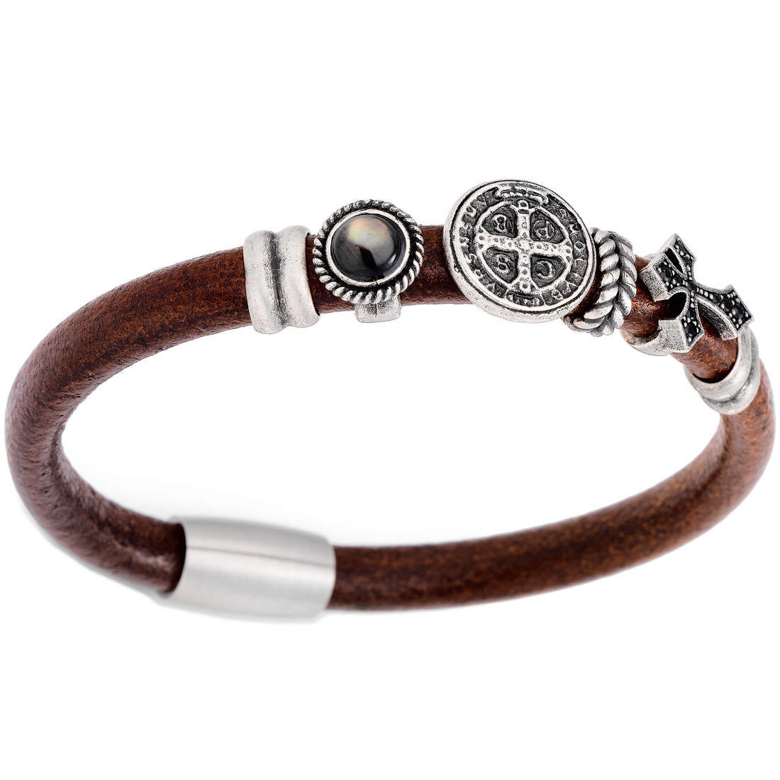Amen Bracciale Uomo Croce | Bronzo, Acciaio e Pelle | Certificato Garanzia