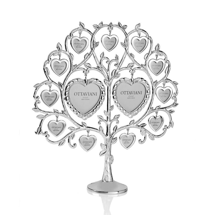 Portafoto Ottaviani a forma di albero argentato con foglie, due grandi cornici a cuore centrali e altre piccole sospese ai rami.