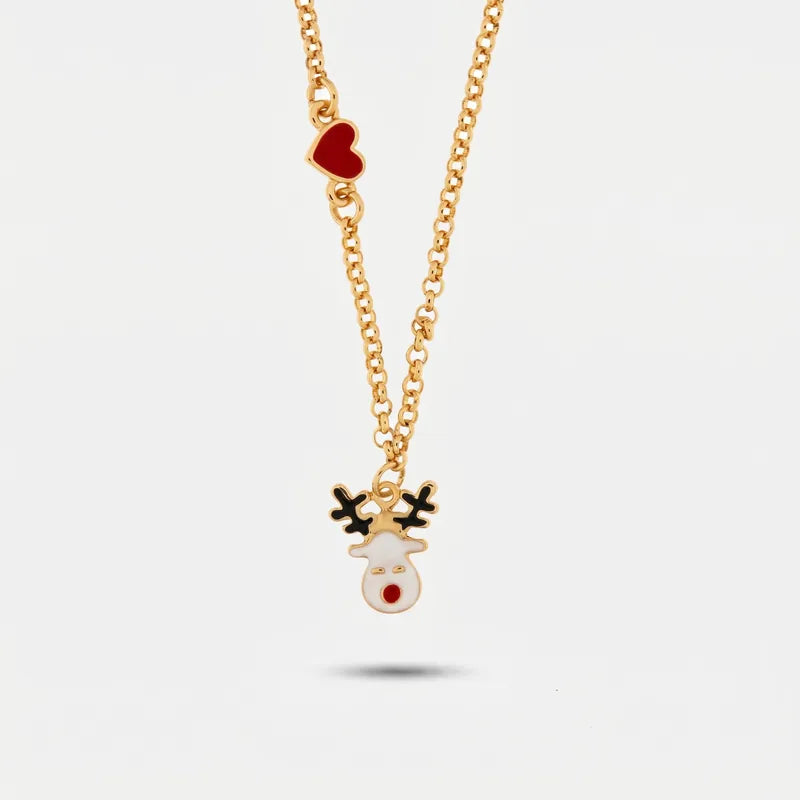Collana BySimon dorata con muso di renna dal naso rosso e cuore rosso laterale.