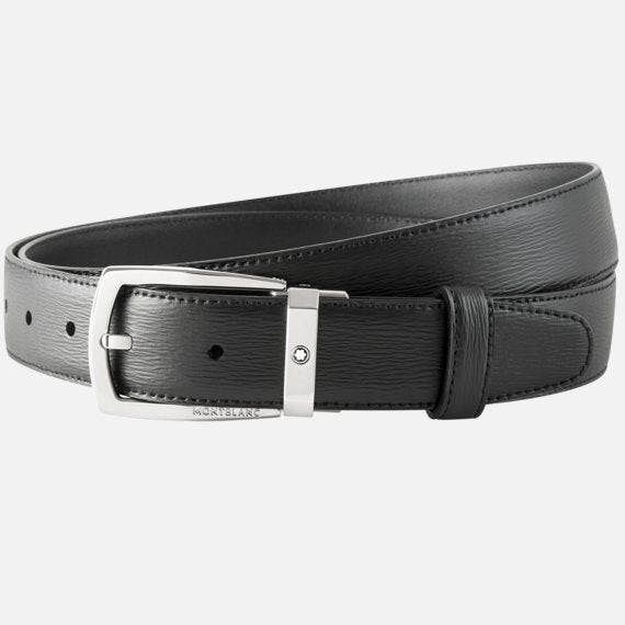 Montblanc Cintura Uomo Nera Elegante | Pelle Pieno Fiore | Fibbia in Rutenio