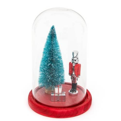 Schiaccianoci Sequenze in uniforme rossa accanto ad albero azzurro e pacchetto regalo sotto teca trasparente su base rossa