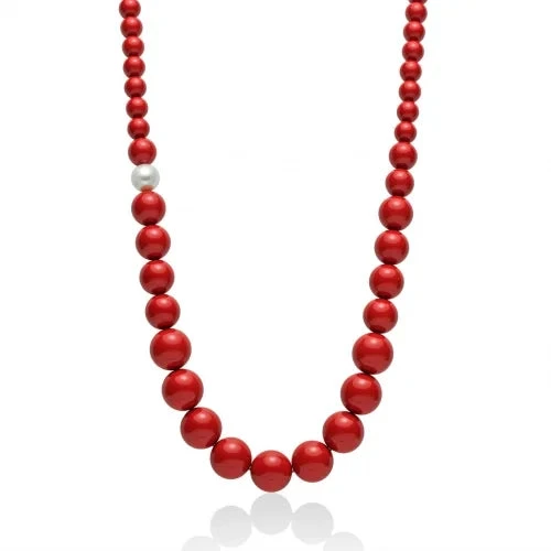 Miluna Collana Donna Lunga in Pasta di Corallo Rosso con Perla 9,5-10 mm
