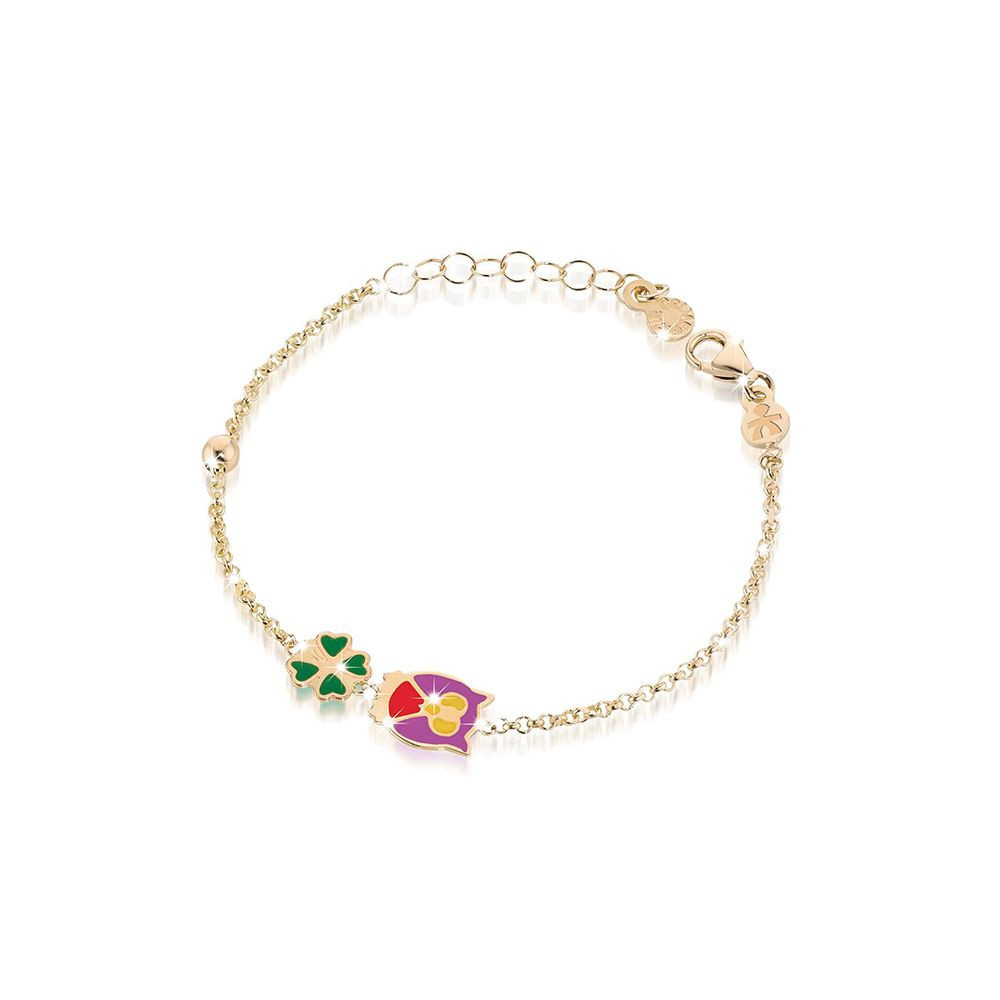 Le Bebé Bracciale Bimbo Quadrifoglio e Civetta | Oro 9kt | Chiusura Moschettone