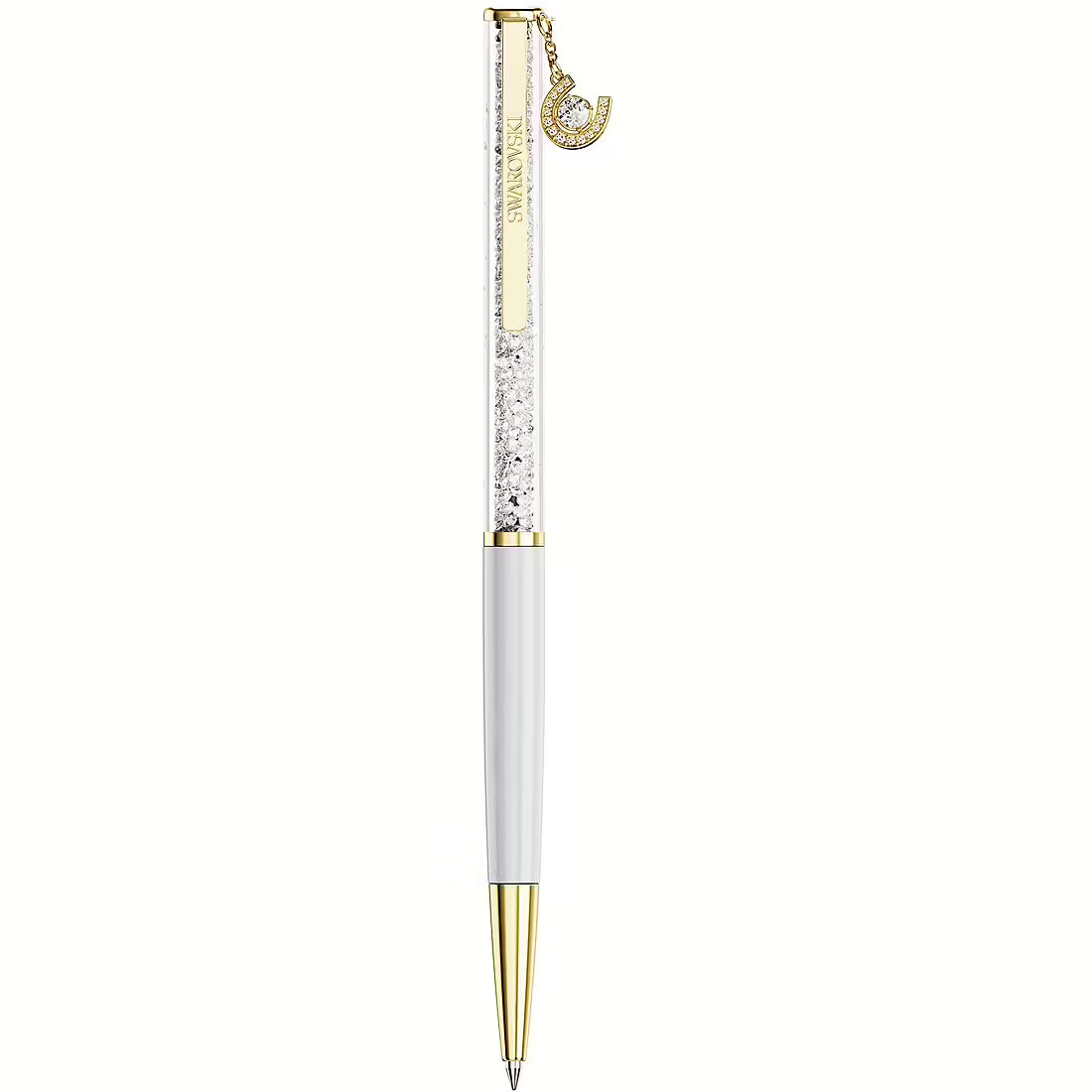 Penna a sfera Swarovski Crystalline bianca con dettagli dorati e charm a ferro di cavallo