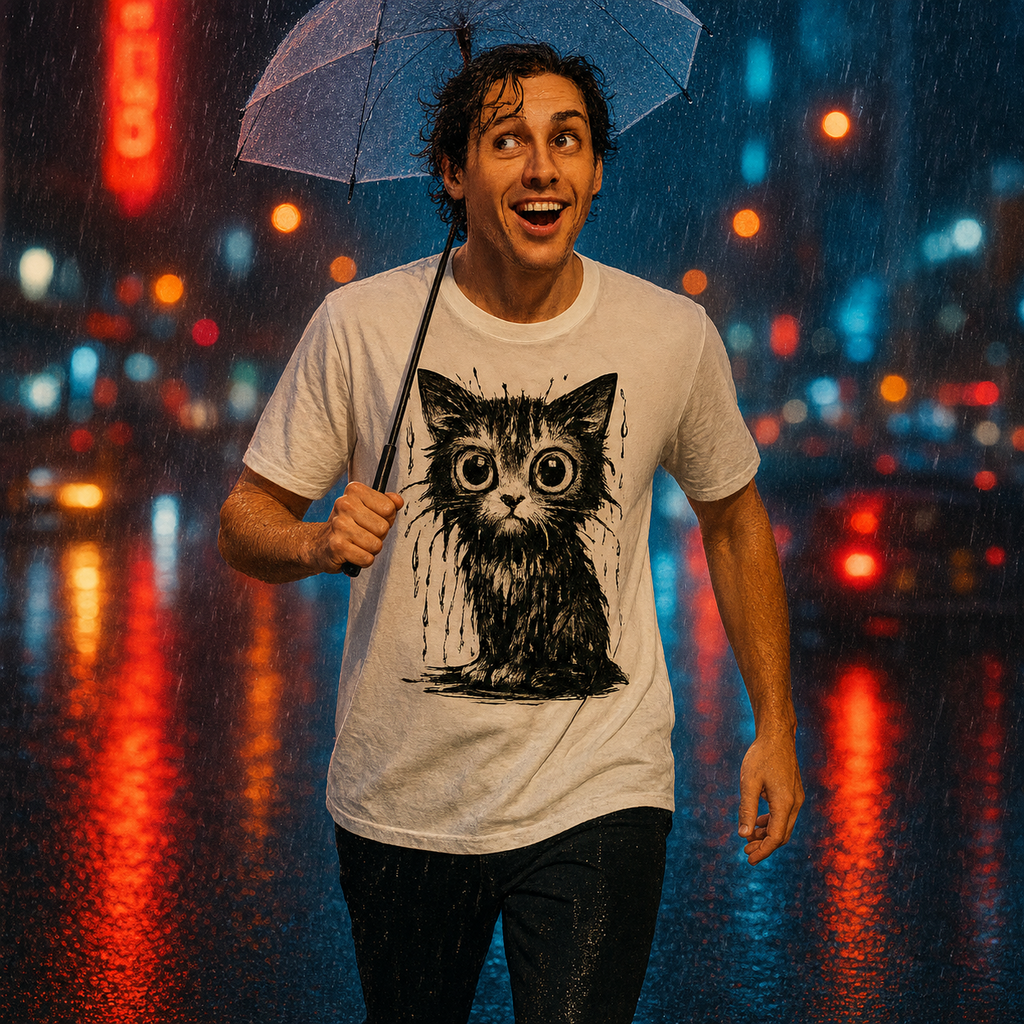 Wet Manga Cat T-Shirt with Big Eyes