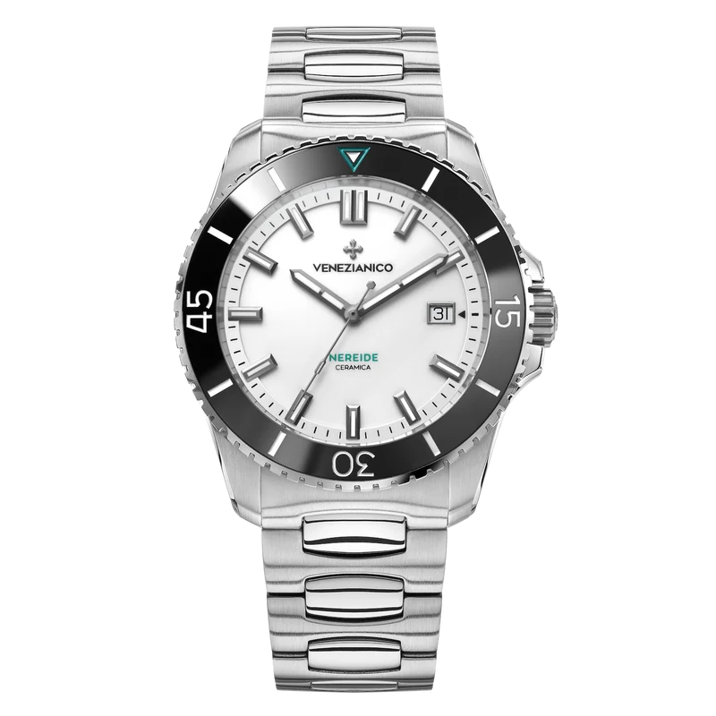 Venezianico Nereide Ceramica Bianco con ghiera nera, datario e bracciale Canova.