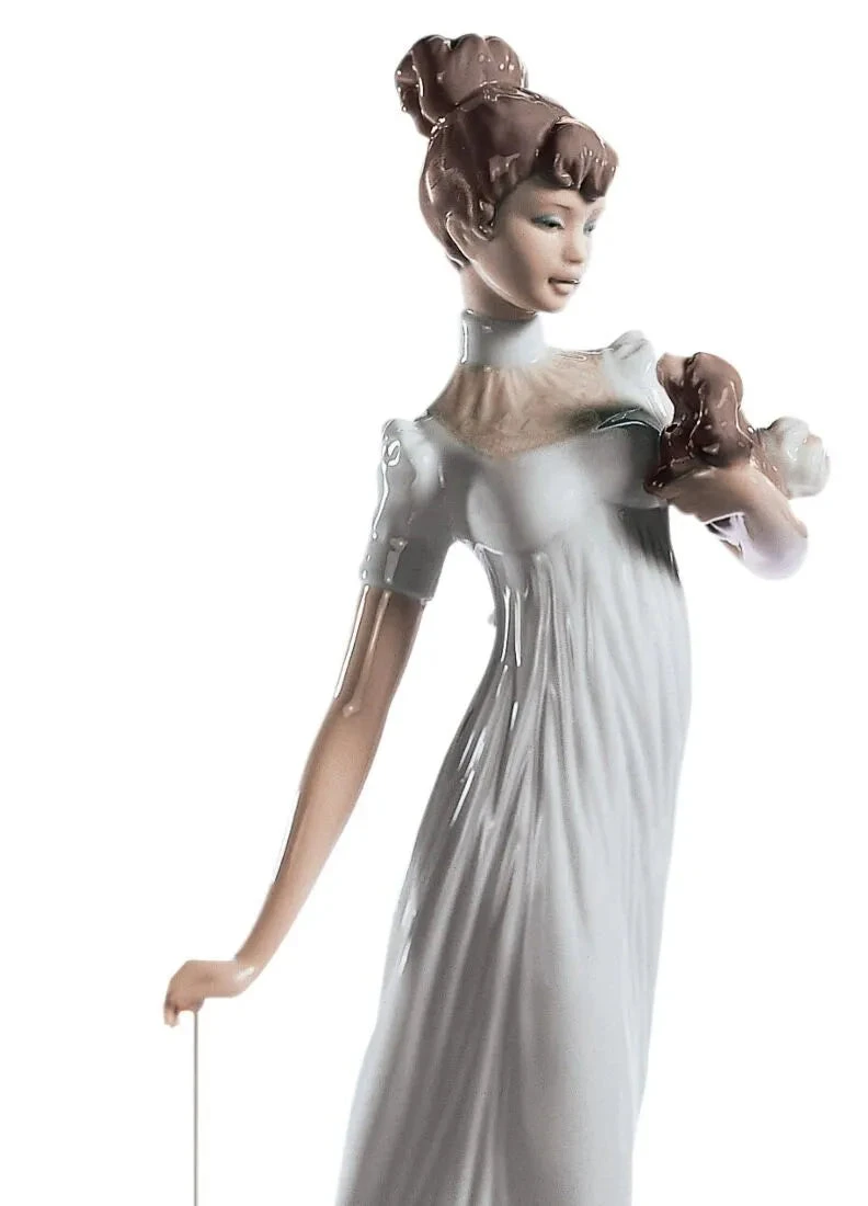 Lladrò Figura Donna Abito Bianco con Ombrello e Cucciolo | Porcellana | 34 cm