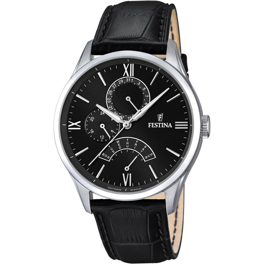 Festina | Orologio Uomo | Quadrante Nero Retro | Cassa Acciaio | Pelle Nera 43mm