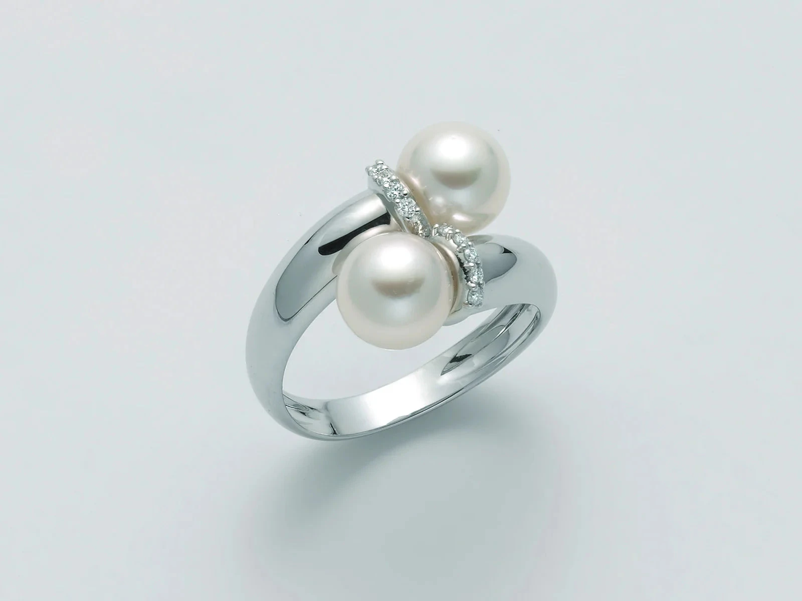 Nimei Anello Donna Doppia Perla Akoya 7,5-8 | Oro Bianco 750 | 10 Diamanti