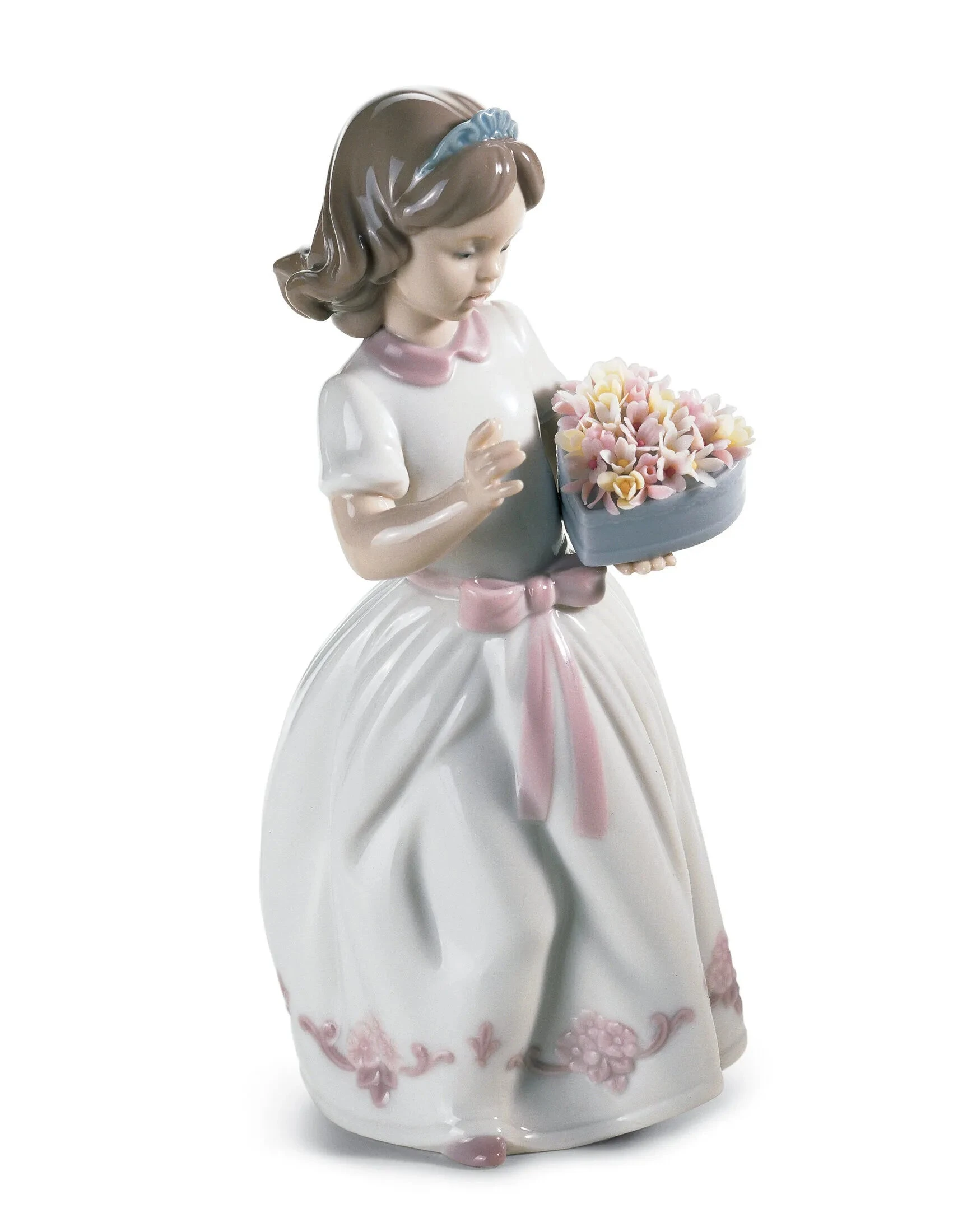 Lladrò Scultura Bimba con Scatola a Cuore | Porcellana Glitterata | H21 cm