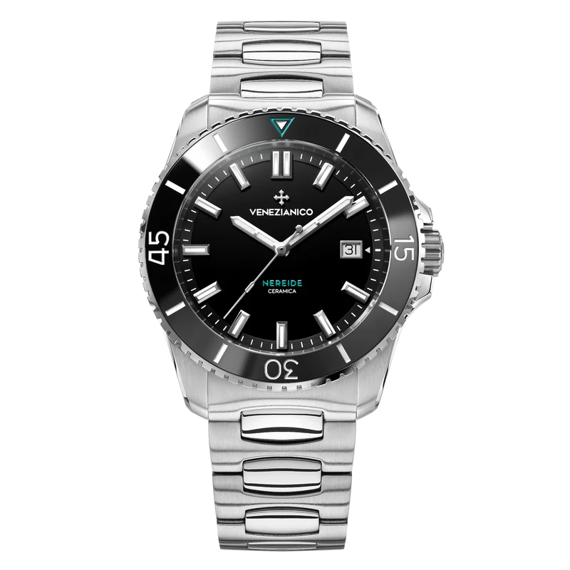 Venezianico Nereide Ceramica Nero con quadrante e ghiera neri, datario e bracciale Canova.