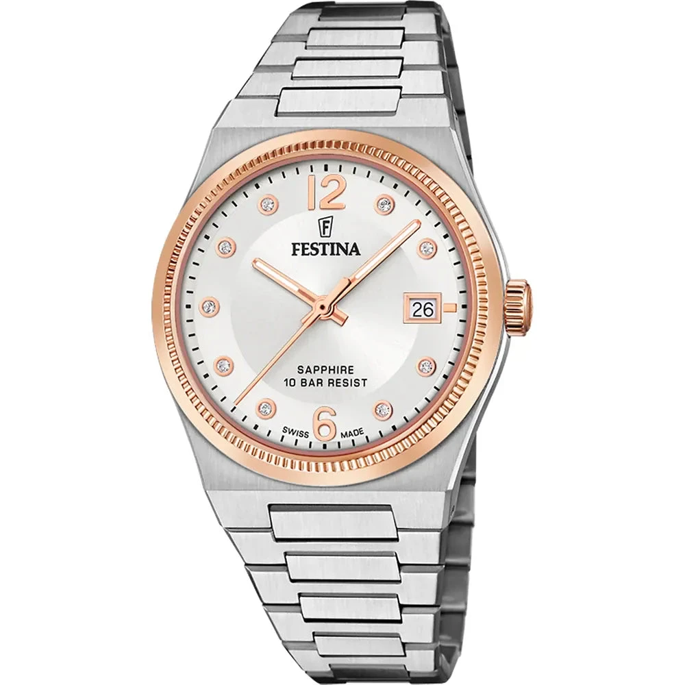 Festina Orologio Donna Argento e Rosato 35mm | Acciaio Inox 316L | Swiss Quartz