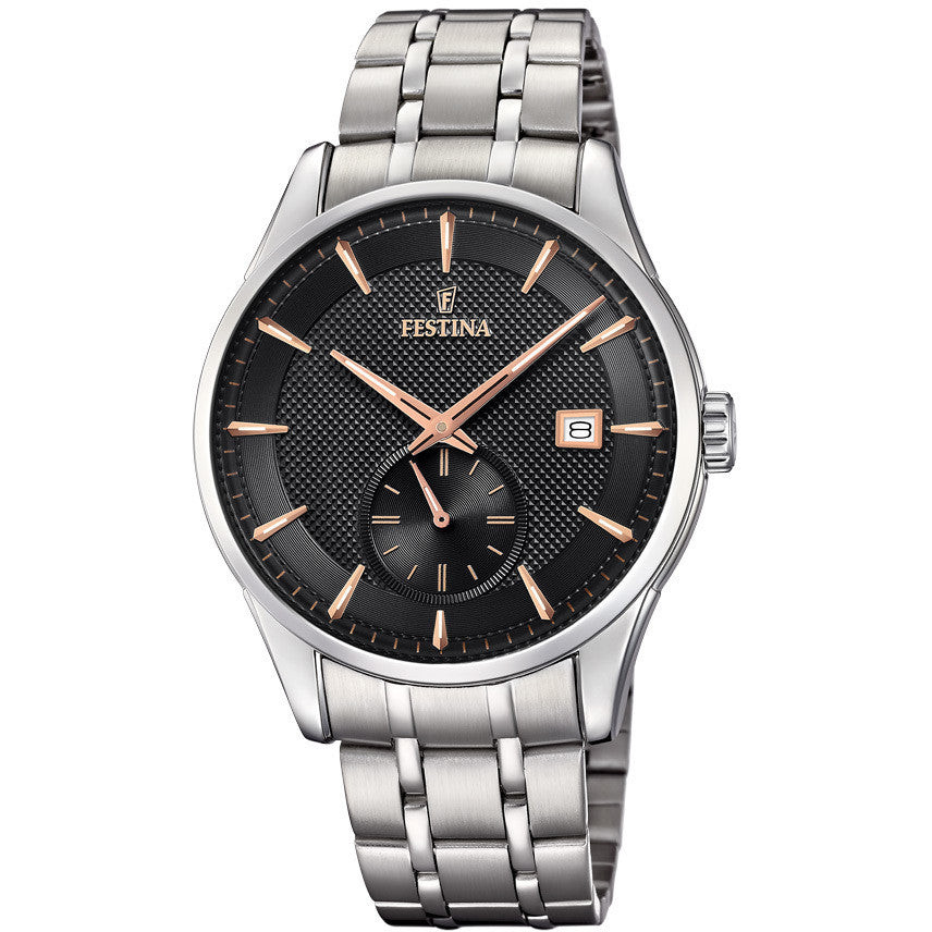 Festina Orologio Uomo Stile Retrò | Acciaio 41 mm | Quadrante Nero IP rosé