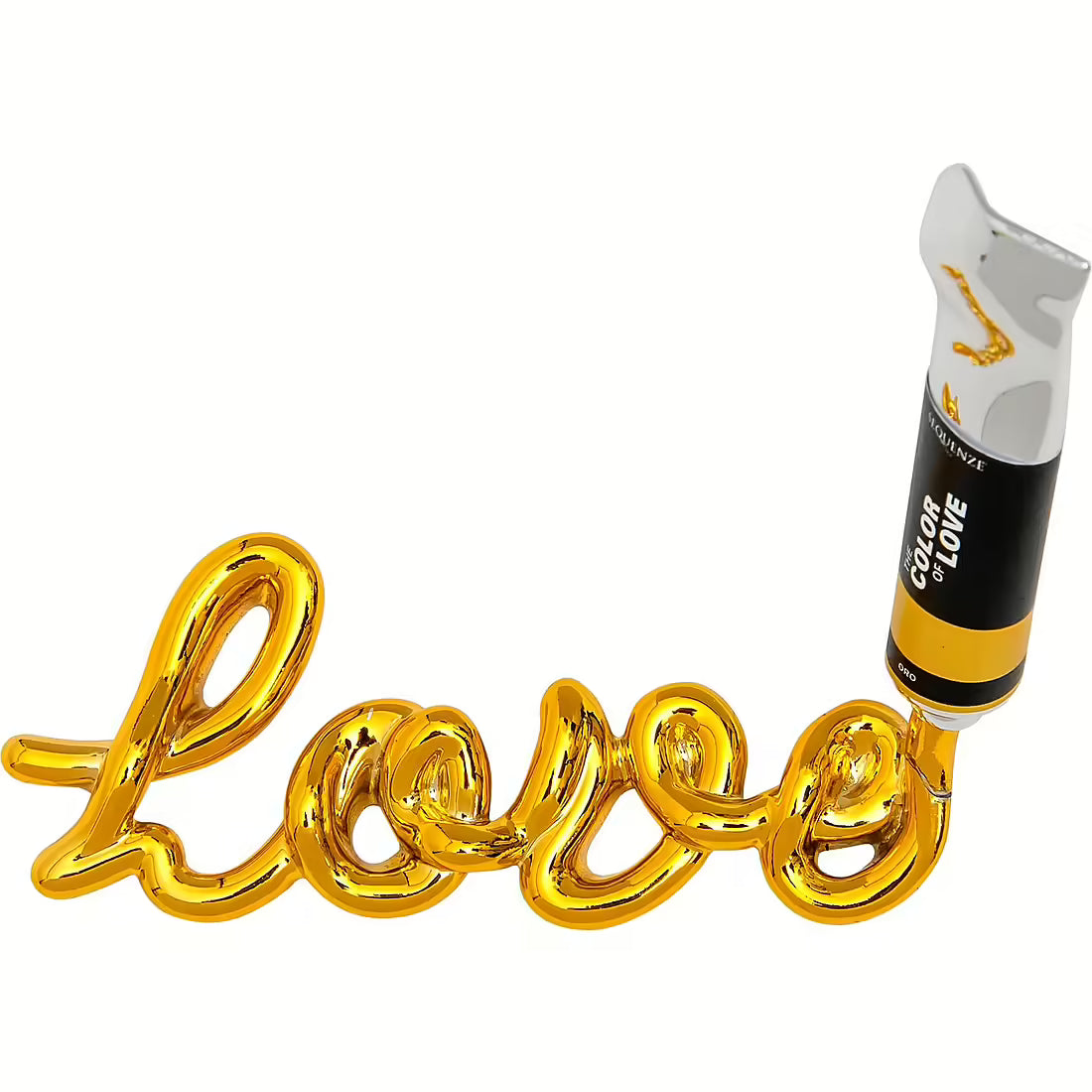 Scultura Sequenze con scritta Love dorata lucida e rossetto decorativo nero, dorato e argentato sul lato destro