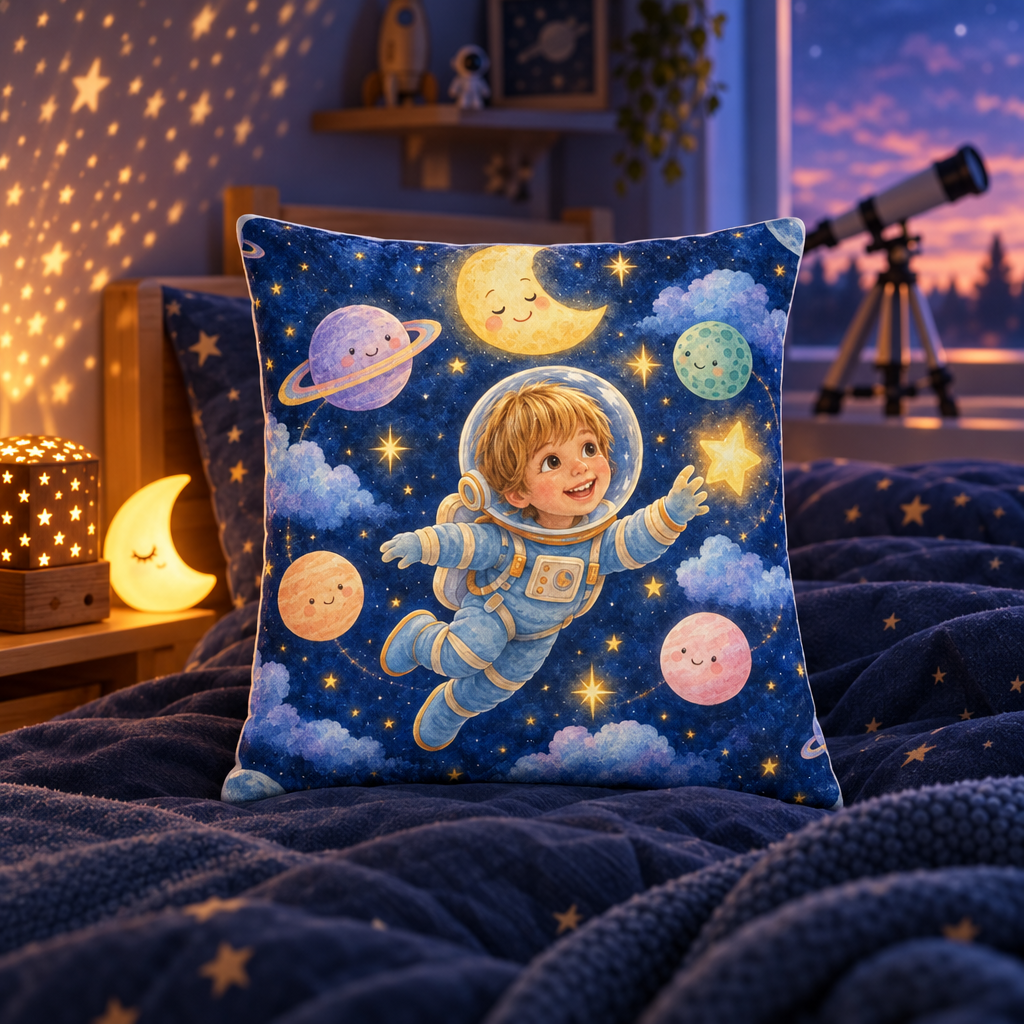 Personalized Child Flying Among Planets & Sweet Moon Pillow