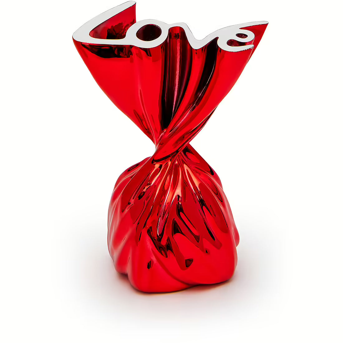 Scultura decorativa Sequenze rossa a forma di cioccolatino avvolto, con pieghe lucide e scritta Love in alto