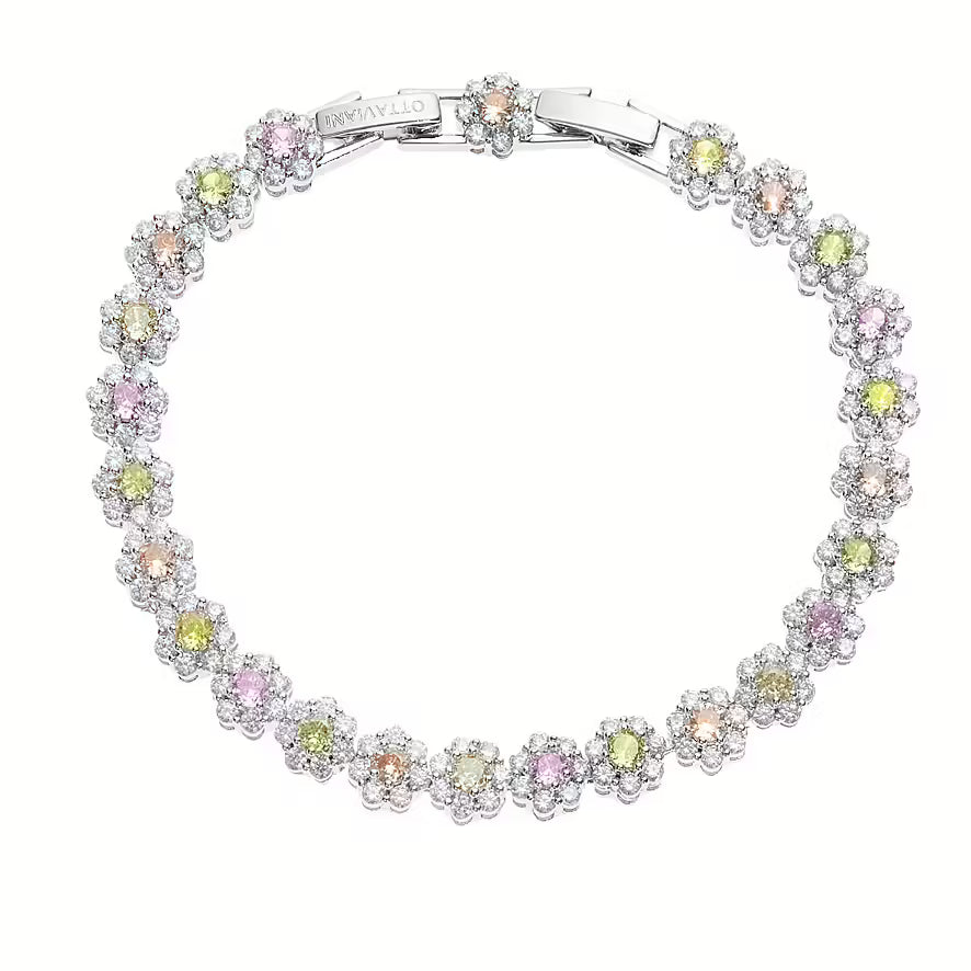Bracciale tennis Ottaviani argentato con una fila di fiorellini di zirconi dai centri rosa, verdi e gialli.