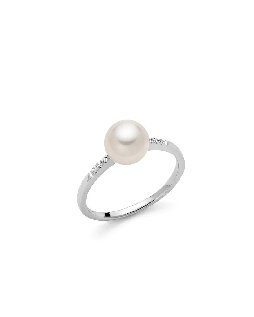 Miluna Anello Donna con Perla Coltivata Bianca | Oro Bianco 18kt | 6 Diamanti