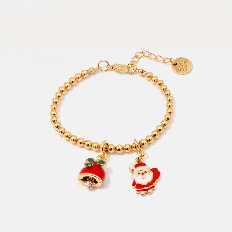 Bracciale BySimon dorato a sfere con Babbo Natale e campanella rossa con fiocco verde.
