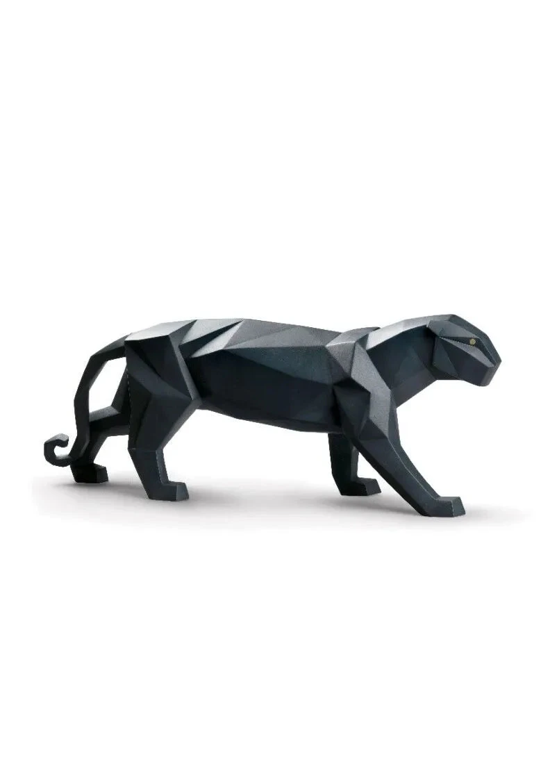 Lladrò Scultura Pantera Origami geometrica | Porcellana nera | Occhi lucidi