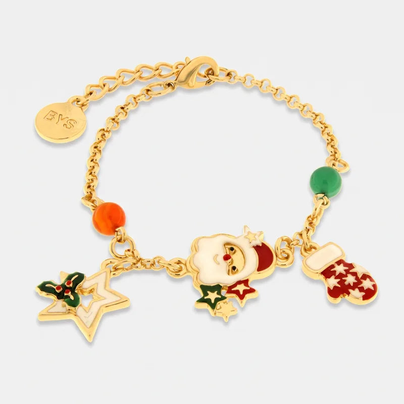 Bracciale BySimon dorato con Babbo Natale, stella bianca, guanto rosso e sfere rossa e verde.
