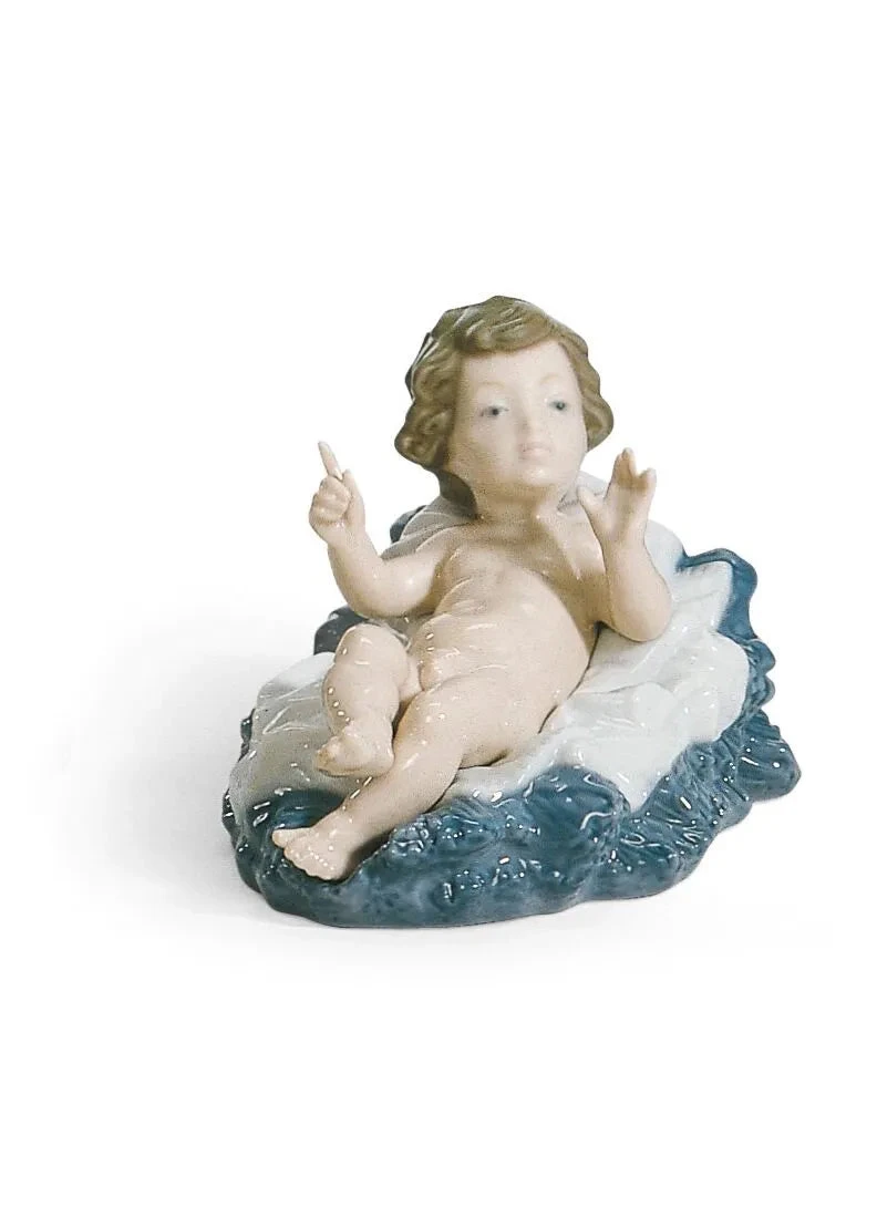 Lladrò Figura Presepe Gesù Bambino Sdraiato | Porcellana Lucida | Blu e Bianco