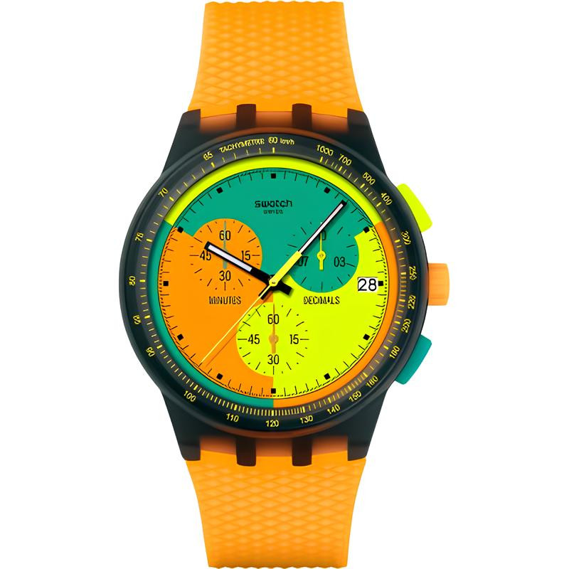 Swatch | Orologio Uomo | Cronografo Neon | Cassa nera | Cinturino arancio
