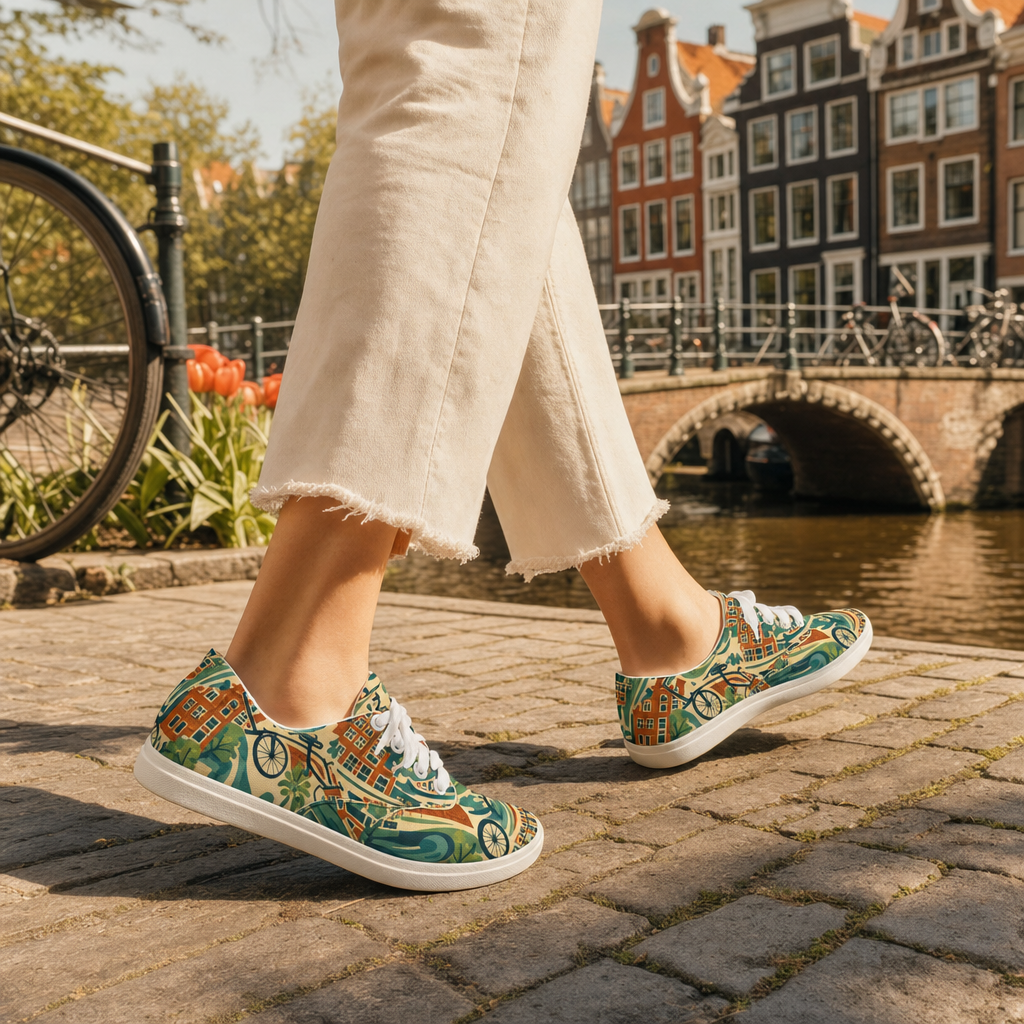 Amsterdam Canal Scene Shoes with Vintage Dutch Travel Style
