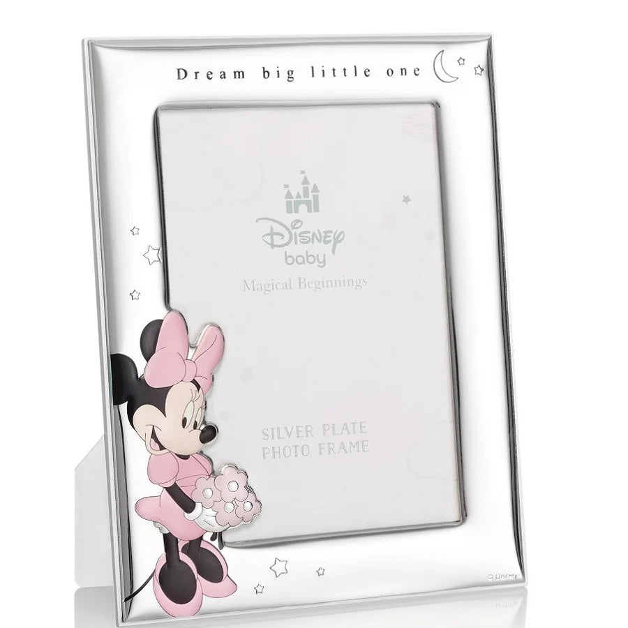 Portafoto Ottaviani Disney con Minnie in abito rosa e bouquet sul lato sinistro, stelle e luna sulla cornice chiara.