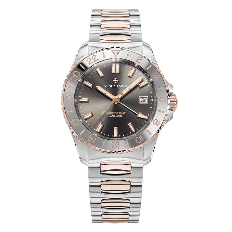 Venezianico Nereide GMT Grand Tour con quadrante grigio e dettagli color oro rosa.
