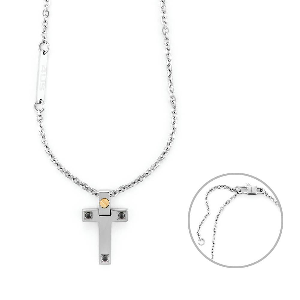 Paciotti Collana Uomo Croce con Spinelli Neri | Acciaio e Oro 18kt | Catena Rolò