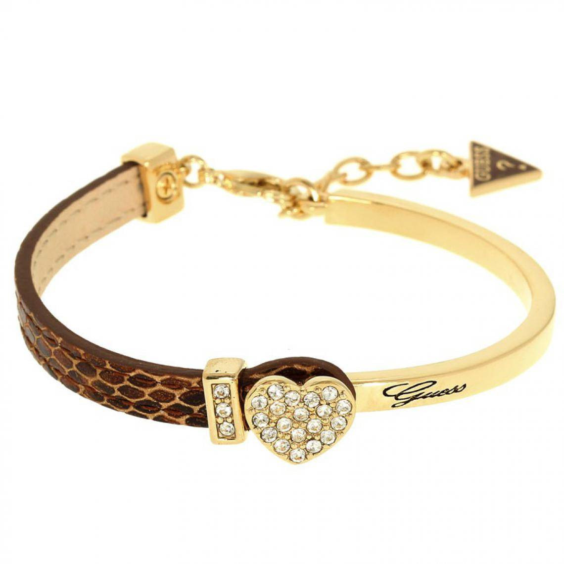 Bracciale Guess Rigido da Donna con Cuore in Metallo Dorato e Pelle Marrone