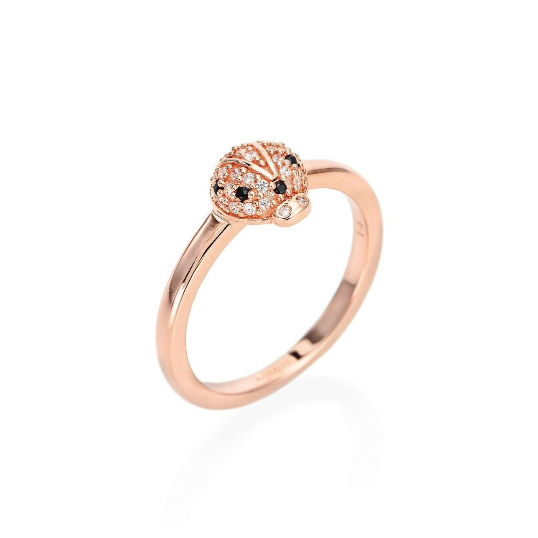 Amen Anello Coccinella Portafortuna | Argento 925 Rosè | Zirconi Bianchi e Neri