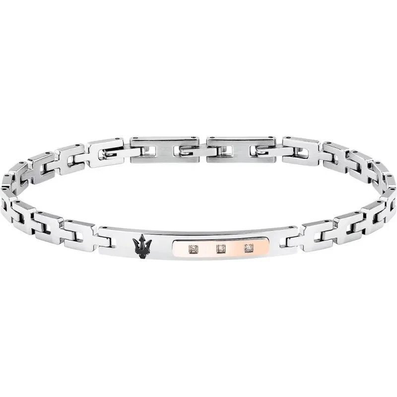 Maserati | Bracciale Uomo | Diamanti bianchi | Acciaio Silver | Targhetta PVD