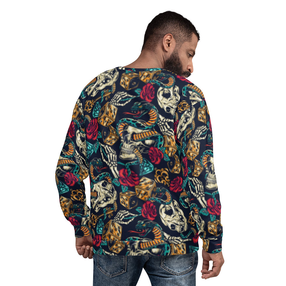 Thumbnail: Unisex Sweatshirt with tattoos: skull, snake and rose.