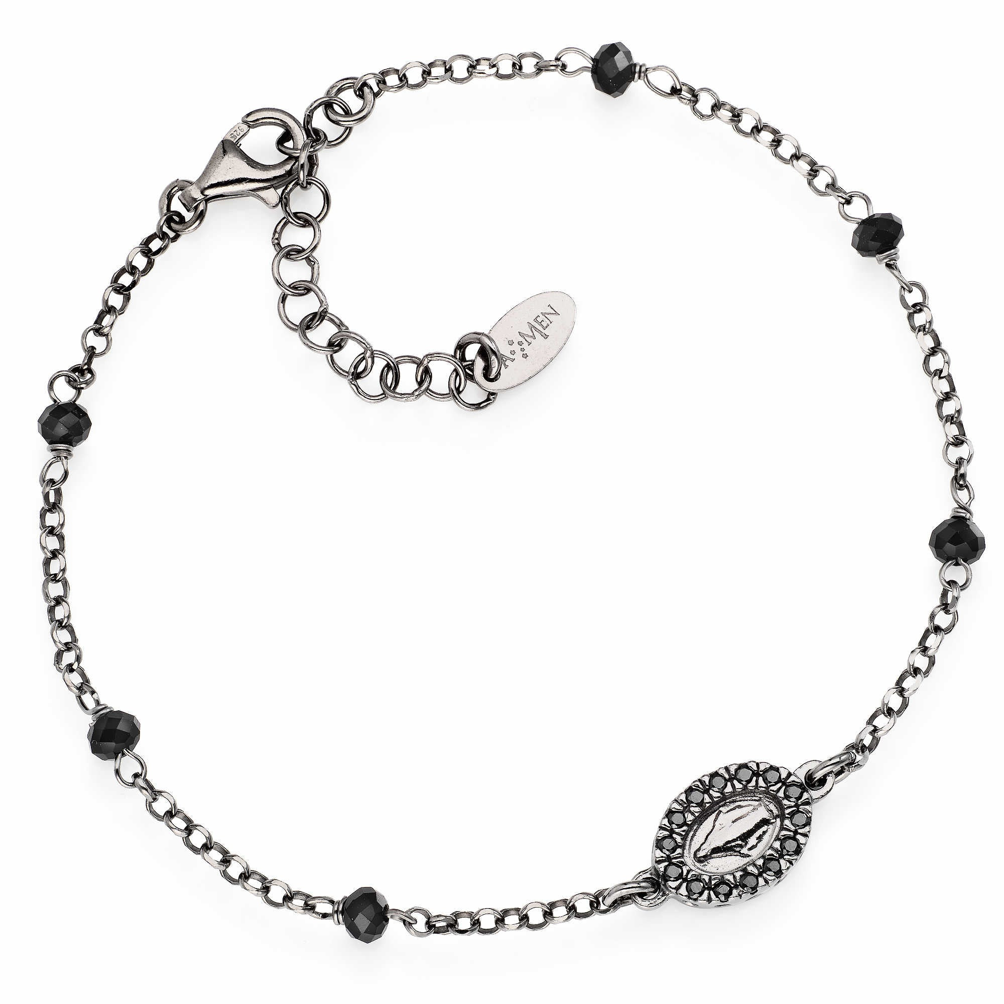 Amen Bracciale Uomo Rosario Zirconi Neri | Argento 925 Brunito | Regolabile