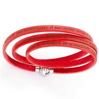 Amen | Bracciale Unisex | Preghiera Padre Nostro incisa | Pelle | Corallo