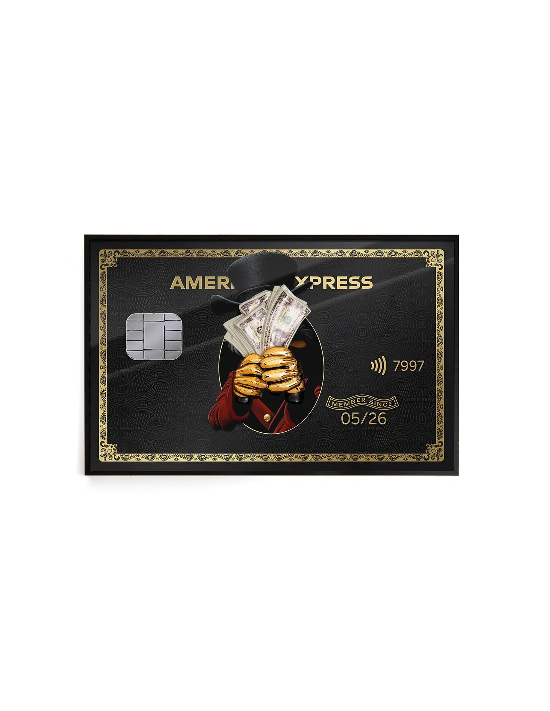 Pannello Sequenze Dream Big Black Card nero con bordo dorato, figura in giacca rossa e mani dorate che reggono banconote